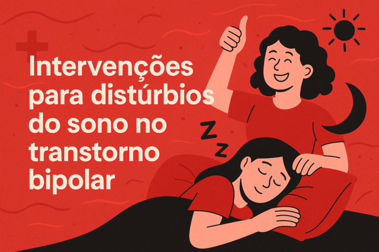 Ilustração feliz sobre intervenções para distúrbios do sono no transtorno bipolar, com cores vermelho e preto, mostrando uma pessoa dormindo tranquilamente e outra sorrindo com gesto positivo, representando bem-estar e equilíbrio emocional.