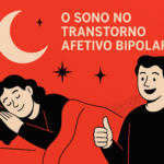 Ilustração em tons de vermelho e preto sobre o sono no Transtorno Afetivo Bipolar, mostrando uma pessoa dormindo serenamente sob uma lua e estrelas, com outra figura sorrindo e fazendo sinal positivo, simbolizando equilíbrio emocional e bem-estar mental.